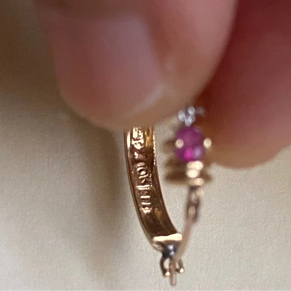 Exquisite Solid 10K Gold 2~Tiny Natural Diamonds & 3pink gemstones Hoop Earrings - Picture 6 of 9